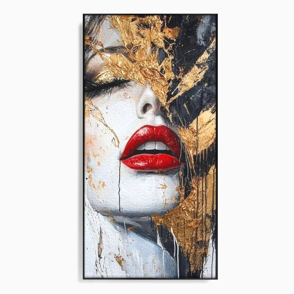 Tablou canvas cu tablou canvas cu chip de femeie si buze rosii, in rama de aluminiu negru